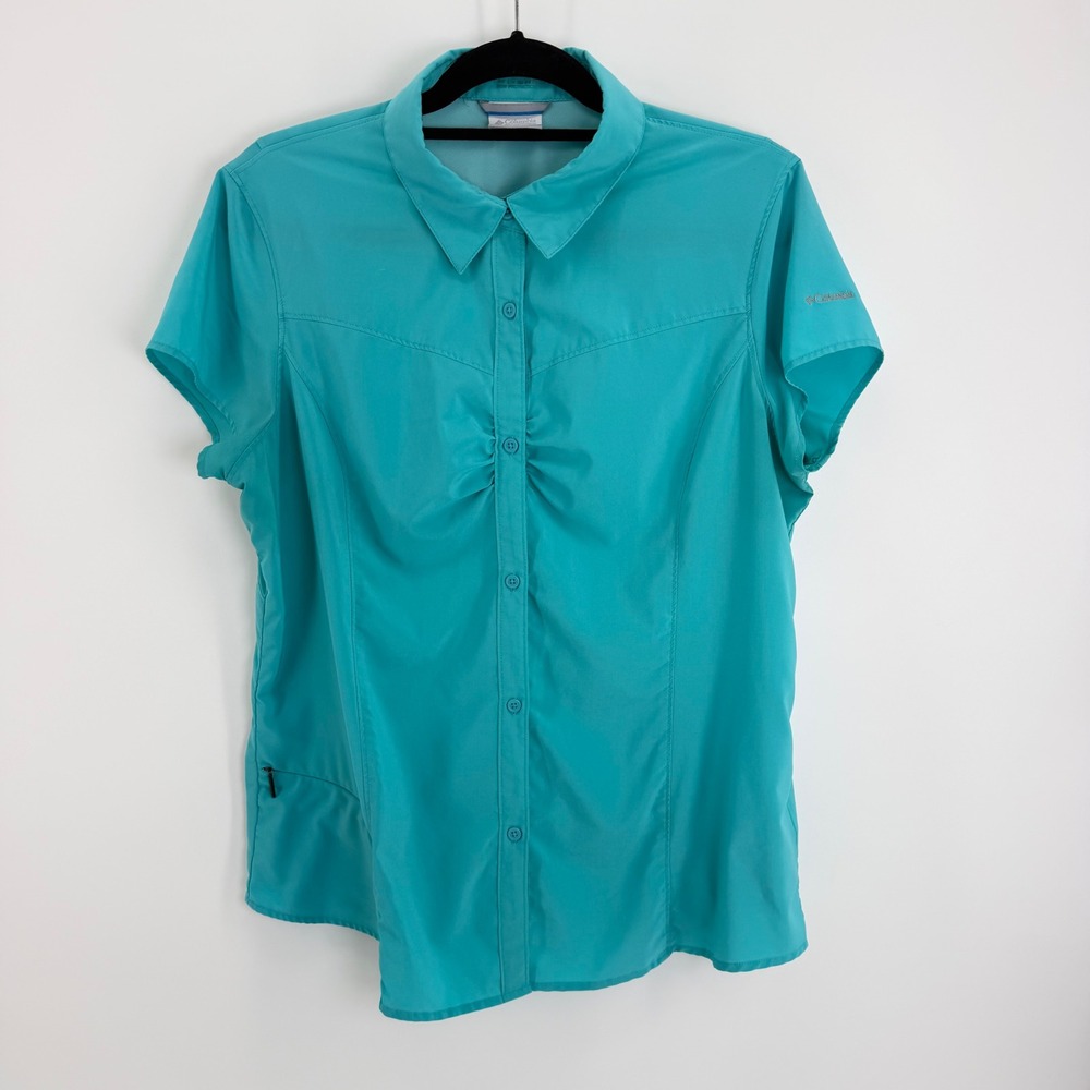 Columbia Womens XL Teal Omni-Shade Short Sleeve Hiking Button Up Shirt 1269